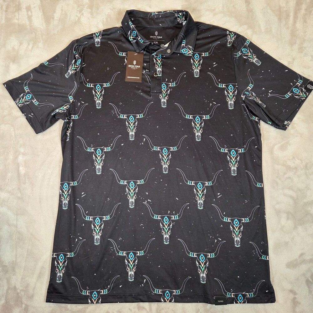NWT Iron Oak Polo Shirt Men’s XXL Black Toro AOP Pearl Snap Stretch Western